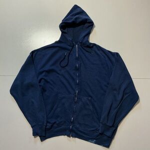 Vintage 70s 80s Blank Blue Fleece Zip Thrashed Worn In YKK Zipper Raglan Hoodie